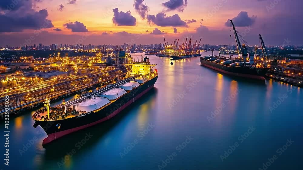 A vibrant sunset over a busy port with cargo ships and cranes, highlighting industrial activity and urban landscape. A vibrant sunset over a busy port with cargo ships and cranes, highlighting industrial activity and urban landscape.