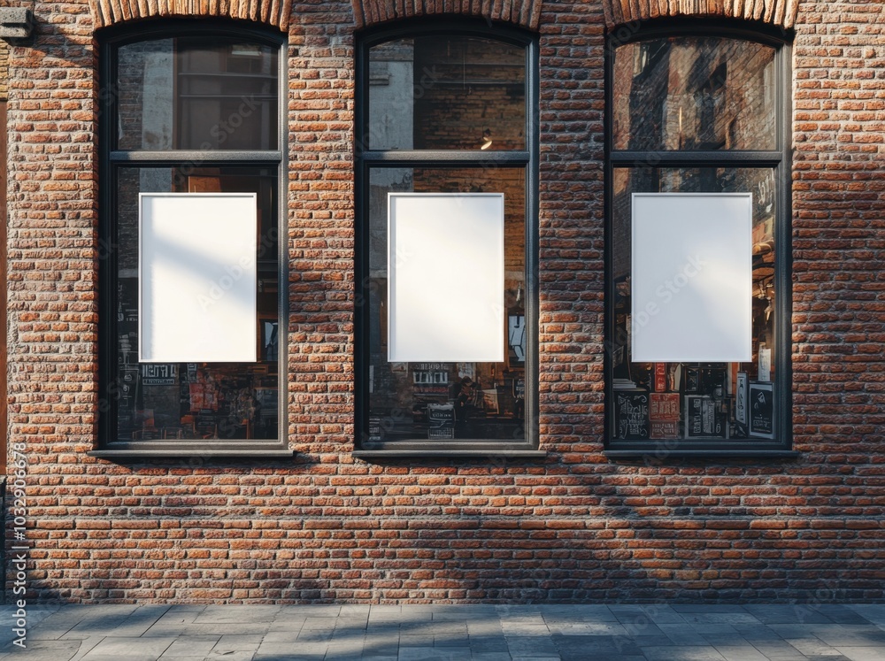 Three white posters are hanging in the windows of a brick building Three white posters are hanging in the windows of a brick building