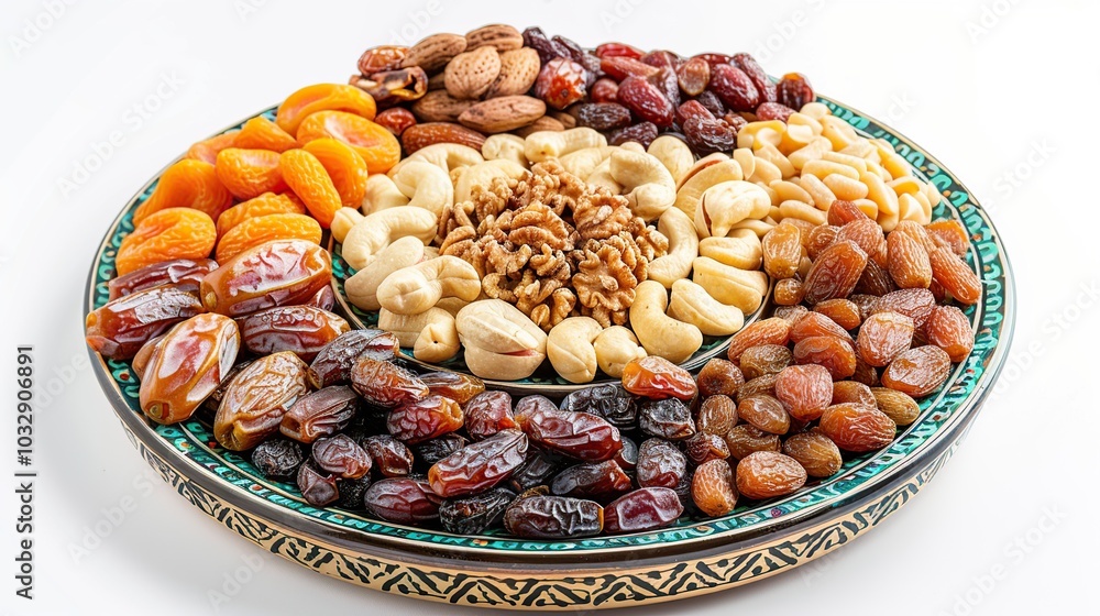 A platter of dried fruit and nuts, including dates, apricots, raisins, almonds, cashews, and walnuts, arranged in a circle. A platter of dried fruit and nuts, including dates, apricots, raisins, almonds, cashews, and walnuts, arranged in a circle.