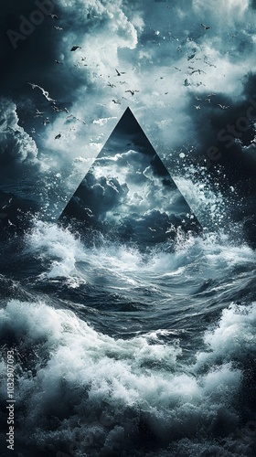 83. A dramatic 3D triangle ocean scene, with crashing waves and a stormy sky