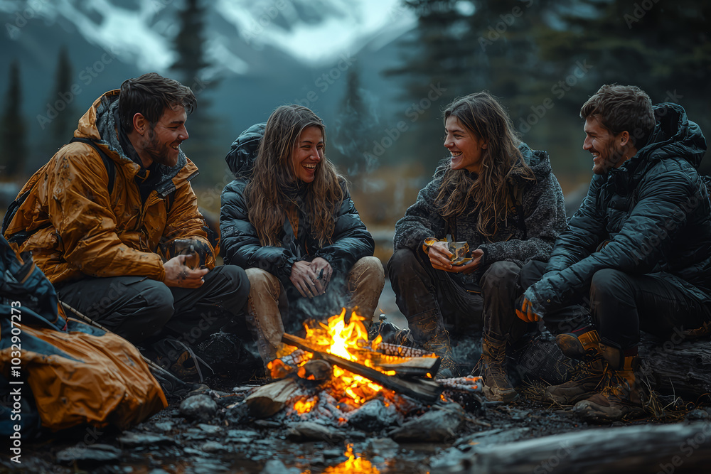 Naklejka premium A group of friends gathering around a campfire, telling stories and laughing, celebrating their friendship in the glow of the fire. Concept of friendship.