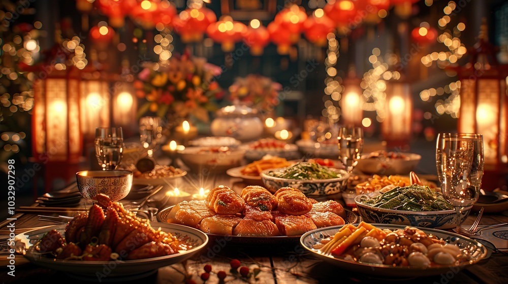 A table laden with traditional Chinese food for a celebratory feast, illuminated by lanterns. A table laden with traditional Chinese food for a celebratory feast, illuminated by lanterns.