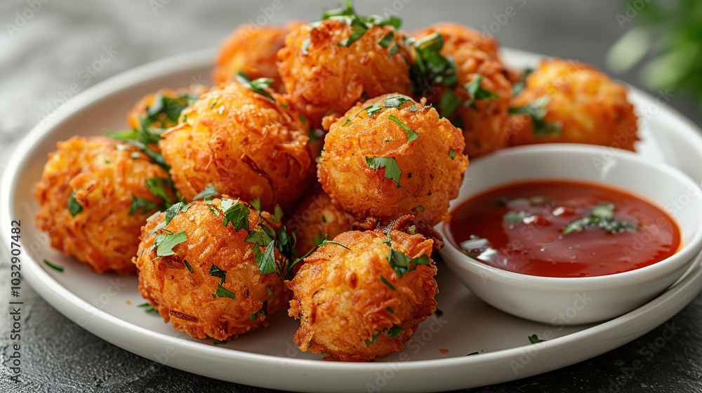 Crispy fried potato balls served with a side of tomato sauce and fresh parsley. Crispy fried potato balls served with a side of tomato sauce and fresh parsley.
