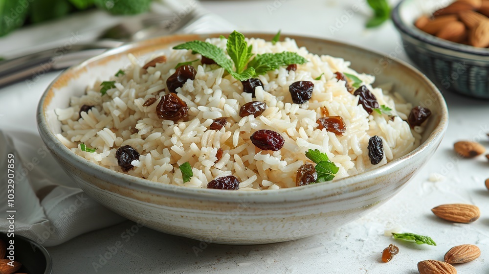 A bowl of white rice with raisins and almonds garnished with fresh mint leaves. A bowl of white rice with raisins and almonds garnished with fresh mint leaves.