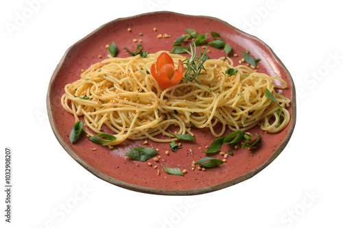 plate with seasoned pasta spaghetti with garlic olive oil italian dish photo