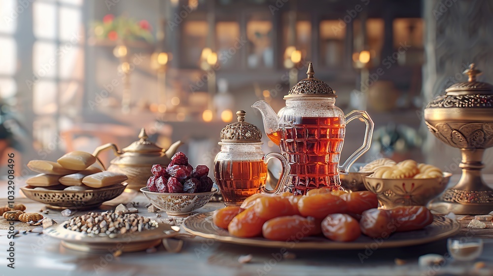 A table with traditional Arabic sweets and tea for Ramadan, a holiday in Islam. A table with traditional Arabic sweets and tea for Ramadan, a holiday in Islam.