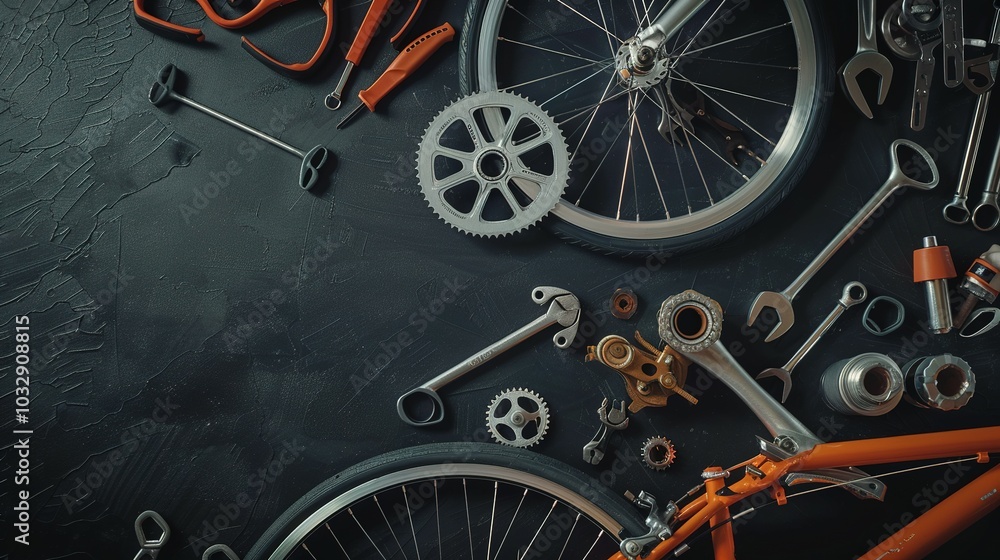 Fototapeta premium Scattered Bike Parts and Tools on Black Background