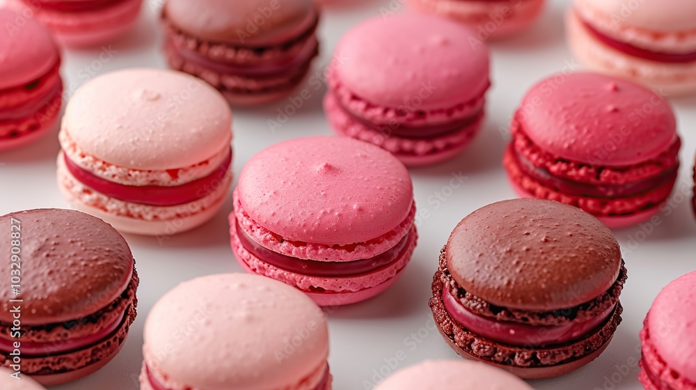 Fototapeta premium Close-up of colorful macarons arranged in rows on a white surface.
