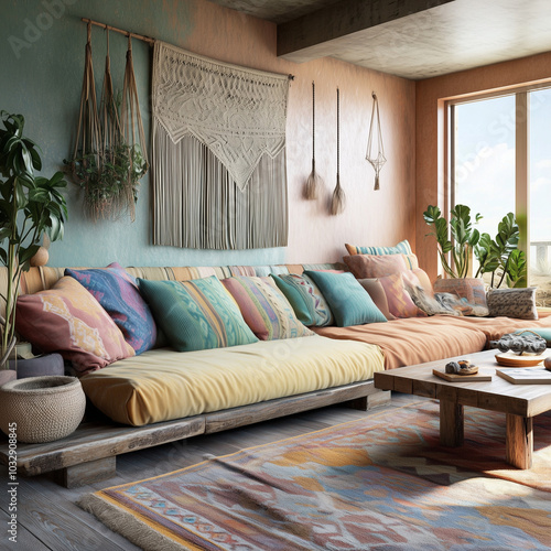 Cozy bohemian living room with colorful cushions, macramé wall decor, and earthy tones in a relaxed, nature-inspired space | AI Created