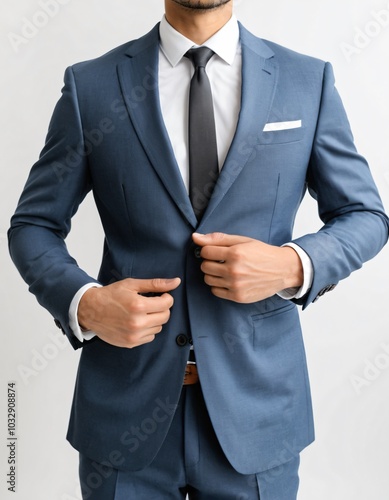 man wear suit standing white background