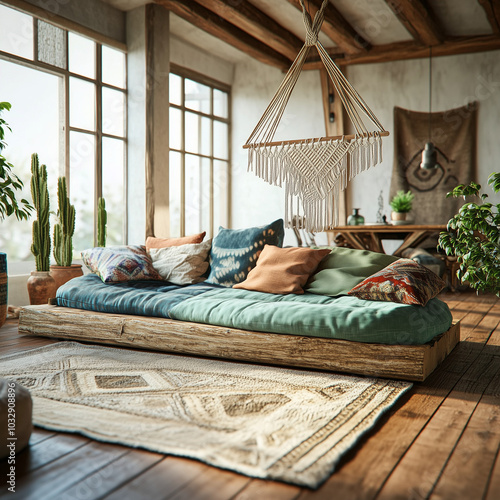 Bohemian living space with rustic daybed, colorful cushions, macramé decor, and natural light in a cozy, earthy setting | AI Created