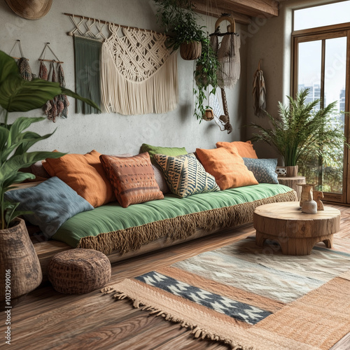 Cozy bohemian living room with earthy-toned cushions, macramé wall decor, and natural light in a warm, nature-inspired space | AI Created