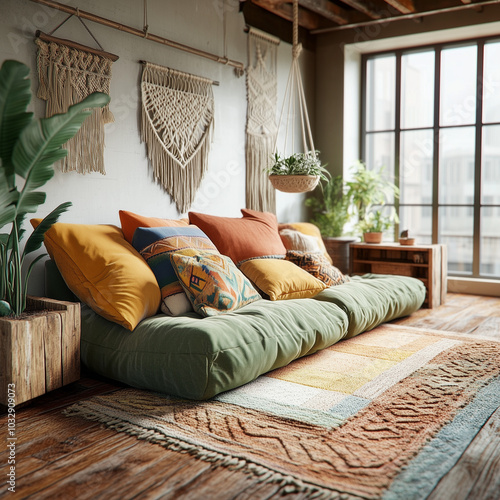 Cozy bohemian living room with colorful cushions, macramé wall hangings, and natural light in a rustic, nature-inspired space | AI Created
