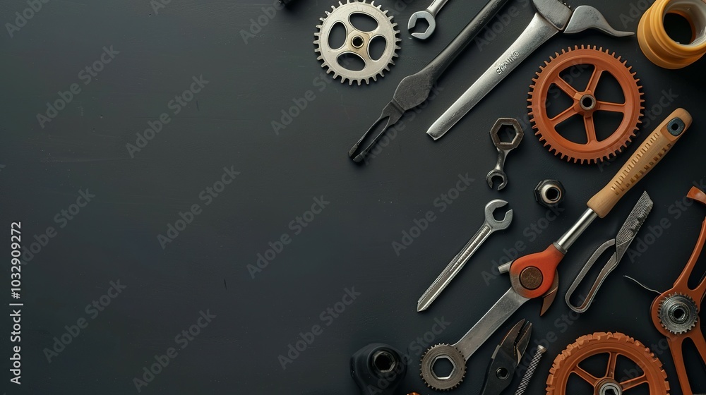 Assortment of Tools and Cogwheels on a Black Surface Assortment of Tools and Cogwheels on a Black Surface