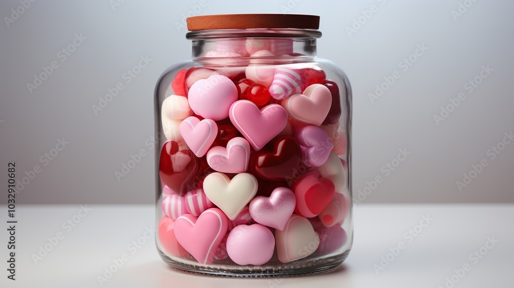 A glass jar filled with red, pink, and white heart-shaped candies on a white surface. A glass jar filled with red, pink, and white heart-shaped candies on a white surface.