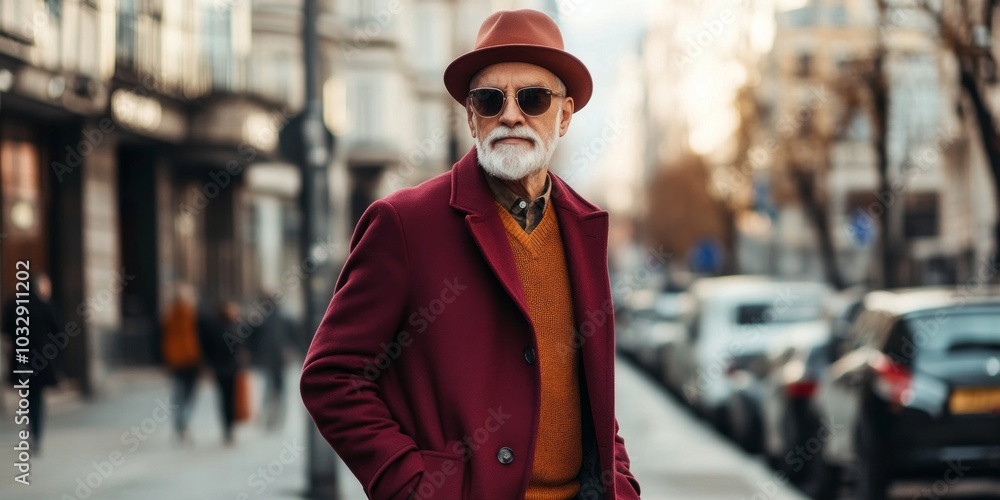 A stylish older gentleman strolls through a bustling city street. He wears a striking maroon coat with an orange sweater. His look is complete with a fashionable hat and sunglasses. AI A stylish older gentleman strolls through a bustling city street. He wears a striking maroon coat with an orange sweater. His look is complete with a fashionable hat and sunglasses. AI