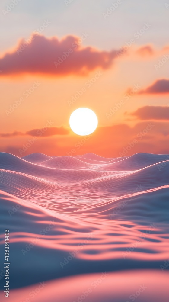 134. A calming 3D triangle desert landscape, featuring soft dunes and a glowing sun 134. A calming 3D triangle desert landscape, featuring soft dunes and a glowing sun