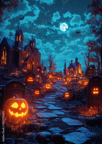 gravestones in cemetery, glowing pumpkin lanterns, jack o lantern, halloween, cartoon illustration, october 31, grave, death, horror, scary background, all saints day, day of the dead