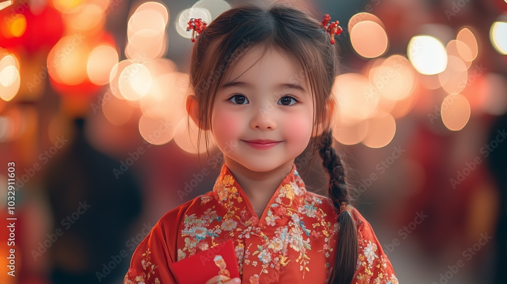 A close-up of a young girl with a sweet smile, dressed in a traditional Chinese red outfit with intricate gold embroidery.. A close-up of a young girl with a sweet smile, dressed in a traditional Chinese red outfit with intricate gold embroidery..