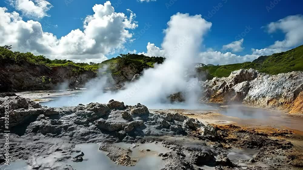 A scenic view of a geothermal area featuring steam vents, rocky terrain, and lush hills under a bright blue sky with clouds. A scenic view of a geothermal area featuring steam vents, rocky terrain, and lush hills under a bright blue sky with clouds.