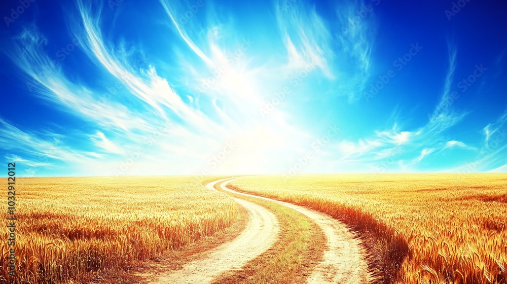 Winding dirt road through golden wheat field with a bright blue sky. Winding dirt road through golden wheat field with a bright blue sky.