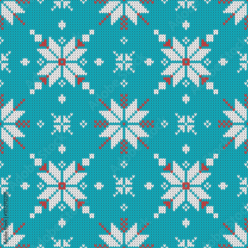 Traditional nordic star knit mosaic teal Raster Pattern. Retro knitting texture in blue teal, white, red seamless pattern.