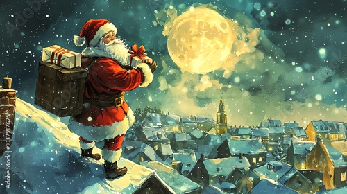 Santa delivering gifts, soft watercolor scene with moonlit snowy rooftops photo