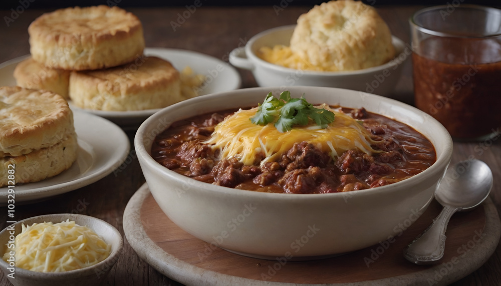 chili con carne with melted cheese on top and buttermilk biscuits chili con carne with melted cheese on top and buttermilk biscuits