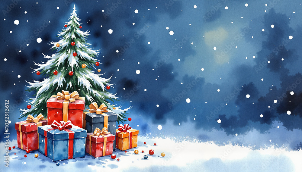 Obraz premium Christmas tree surrounded by colorful wrapped presents in a snowy winter setting, festive joy