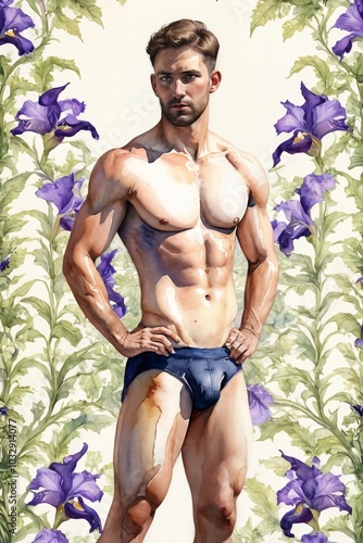 Watercolor Illustration of Handsome Athletic Man in Navy Blue Briefs with Irises and Foliage in Background