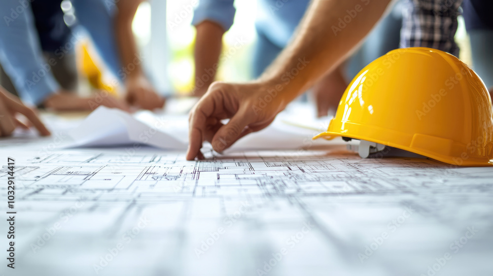 A group of people are working on a construction project, with one person wearing a yellow hard hat A group of people are working on a construction project, with one person wearing a yellow hard hat