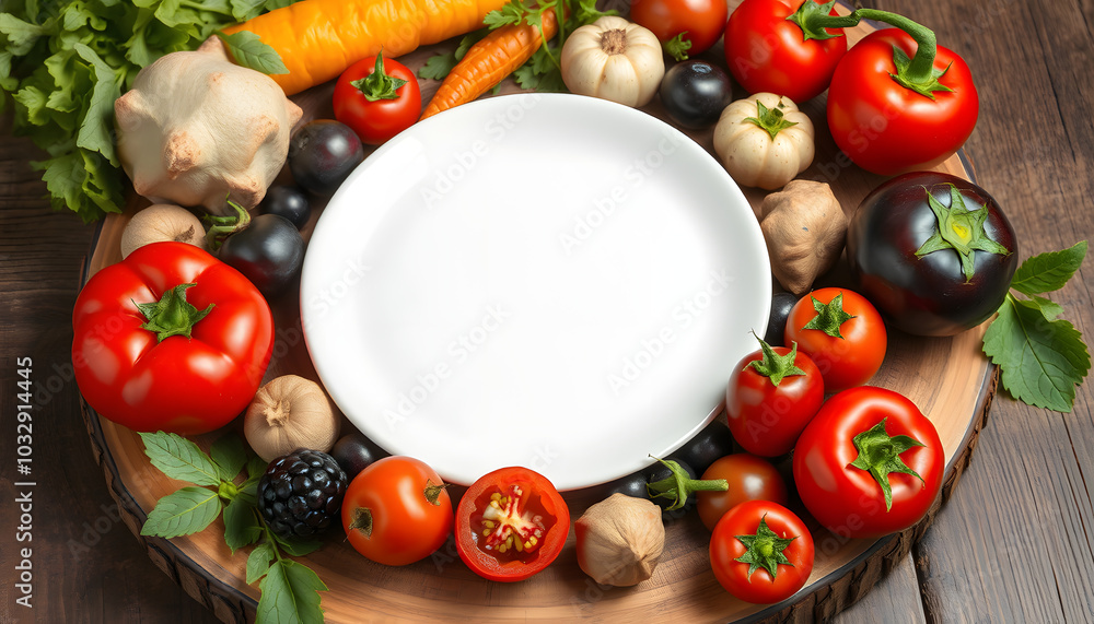 Immune boosting healthy food for low cholesterol high in lycopene, anthocyanins, antioxidants, vitamins, minerals & dietary fibre. With fruti & vegetables around a white plate on rustic wood isolate Immune boosting healthy food for low cholesterol high in lycopene, anthocyanins, antioxidants, vitamins, minerals & dietary fibre. With fruti & vegetables around a white plate on rustic wood isolate