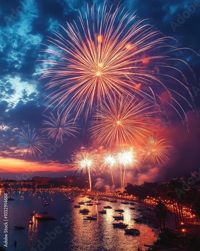 Fuegos artificiales o bengalas sobre el cielo, fiestas, fin de año o celebraciones.