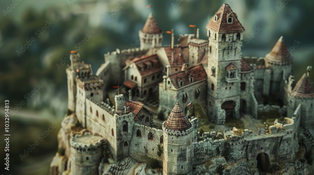 A detailed miniature model of a medieval castle, with stone walls, towers, and red-tiled roofs. The castle is set on a rocky outcrop, and the background is blurred. A detailed miniature model of a medieval castle, with stone walls, towers, and red-tiled roofs. The castle is set on a rocky outcrop, and the background is blurred.