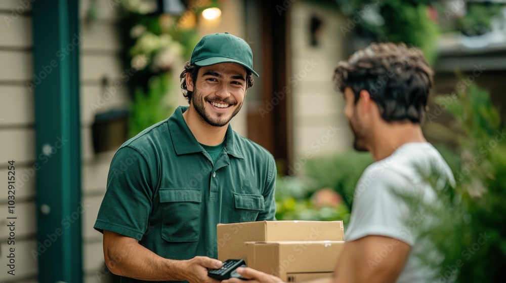Smiling Courier Delivering Packages to Customer at Doorstep Smiling Courier Delivering Packages to Customer at Doorstep