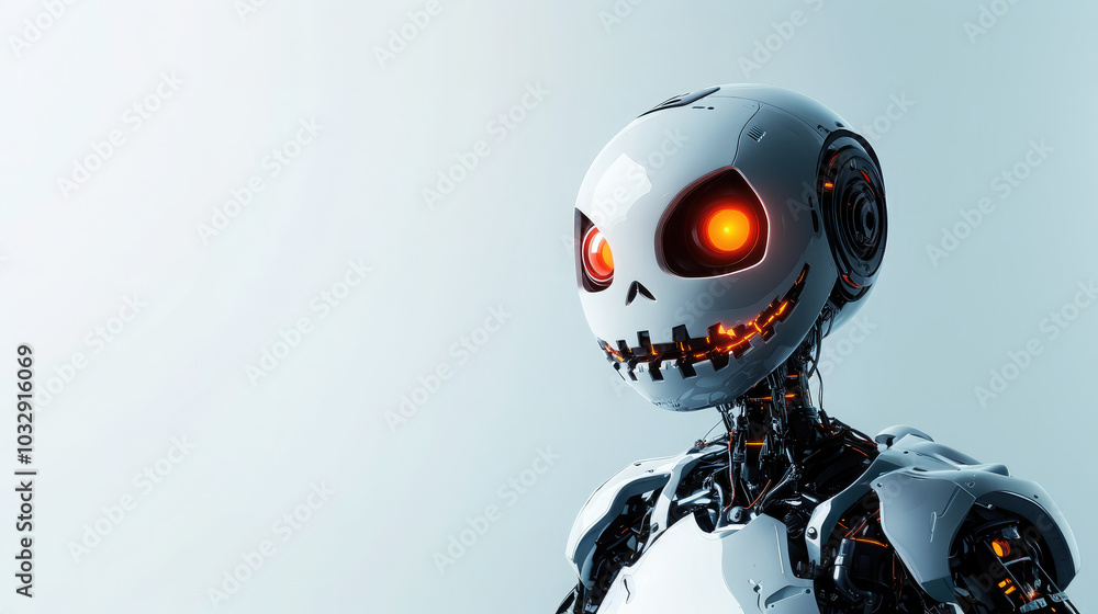 3d white robot with jack o lantern pumpkin head with glowing orange eyes on white background, halloween, october 31, copyspace, place for text, scary character, horror, all saints day 3d white robot with jack o lantern pumpkin head with glowing orange eyes on white background, halloween, october 31, copyspace, place for text, scary character, horror, all saints day