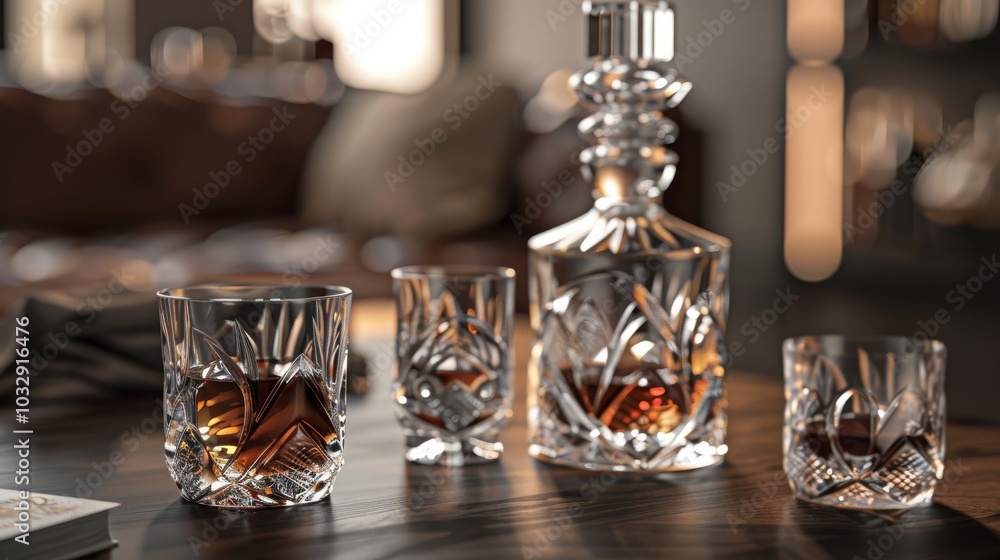 Elegant crystal decanter and glasses filled with amber liquid, perfect for a sophisticated gathering. Elegant crystal decanter and glasses filled with amber liquid, perfect for a sophisticated gathering.