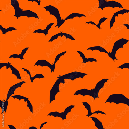 Halloween seamless pattern with black bats on an orange background. Vector Halloween print