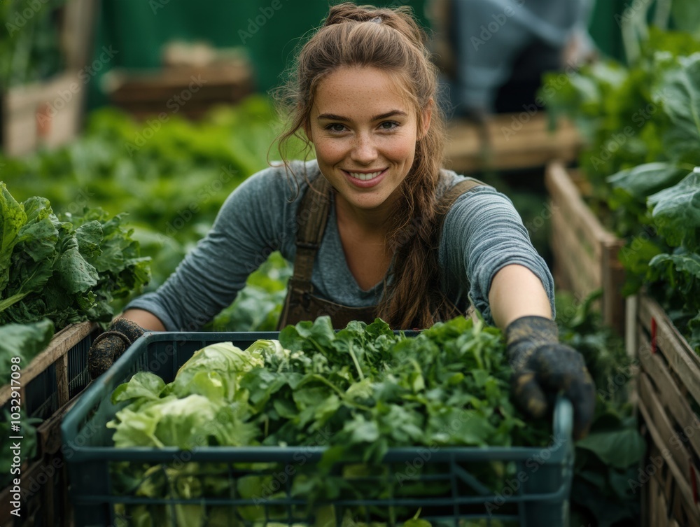 Obraz premium Woman Smiling While Harvesting Fresh Organic Vegetables