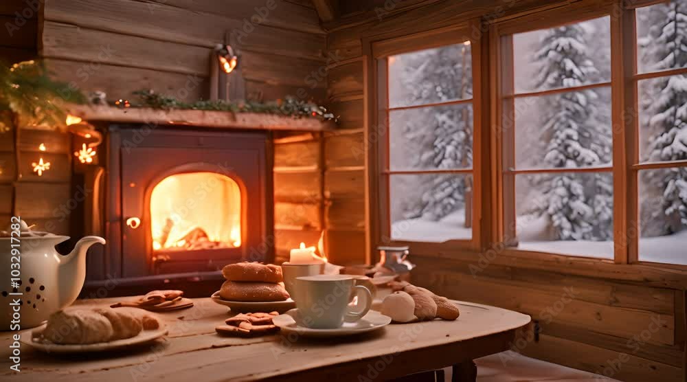 A cozy wooden cabin with a roaring fireplace A cozy wooden cabin with a roaring fireplace