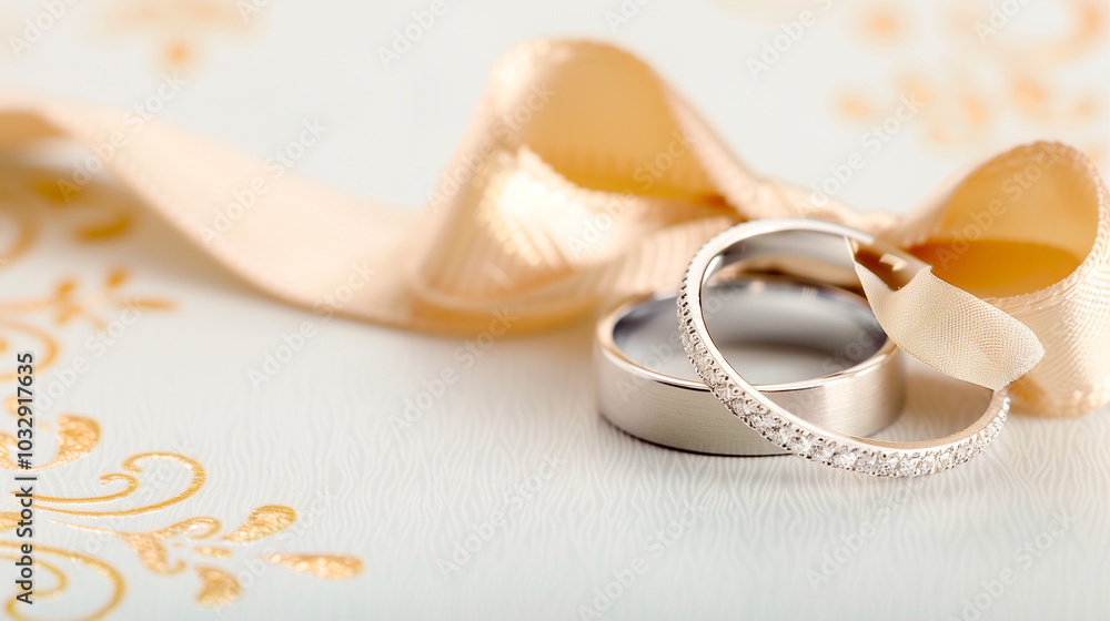 Wedding rings elegantly displayed with a satin ribbon on a decorative background Wedding rings elegantly displayed with a satin ribbon on a decorative background