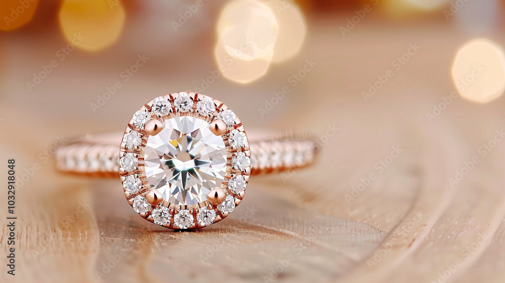 Diamond ring with rose gold setting jewelry photo elegantly displayed on a wooden surface Diamond ring with rose gold setting jewelry photo elegantly displayed on a wooden surface