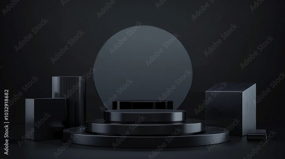 custom made wallpaper toronto digitalMinimalist black podium display with geometric shapes and circular backdrop, creating a sleek and modern aesthetic for product presentation.