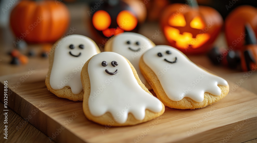 Four white ghost cookies with black eyes and smiling faces on a wooden board. The cookies are surrounded by Halloween decorations such as pumpkins and a lit candle Four white ghost cookies with black eyes and smiling faces on a wooden board. The cookies are surrounded by Halloween decorations such as pumpkins and a lit candle