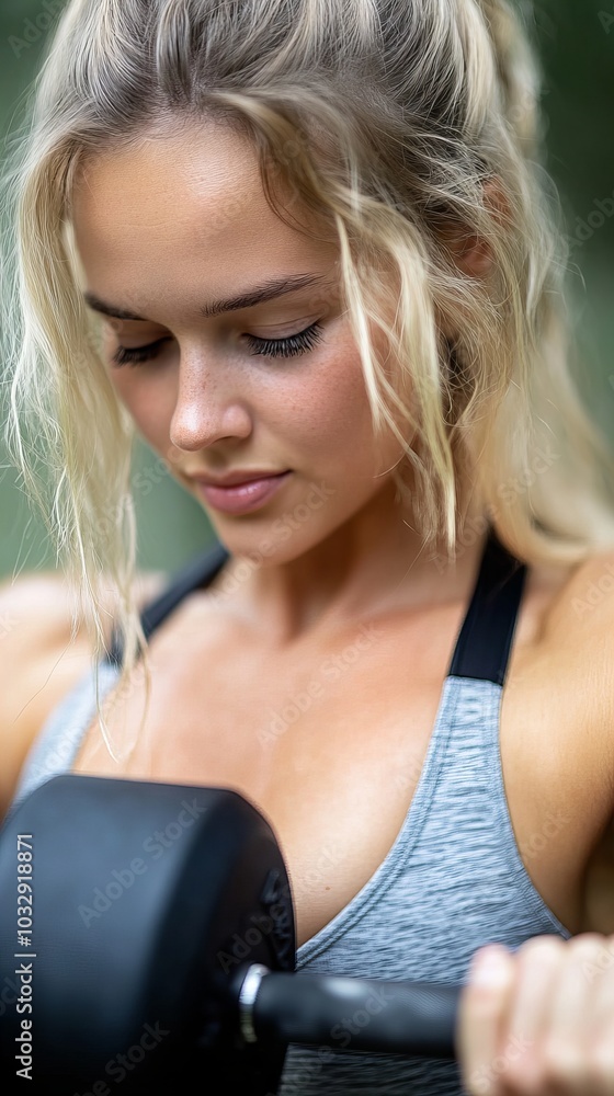 Young blonde woman works out with a dumbbell, focused on her exercise routine. Young blonde woman works out with a dumbbell, focused on her exercise routine.