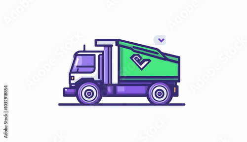 Green and white dump truck with a checkmark on its side, cartoon illustration.