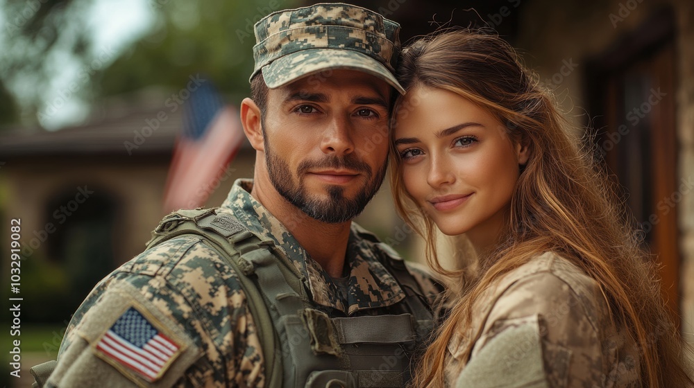 Fototapeta premium Proud Military Couple Embracing in Front of American Flag