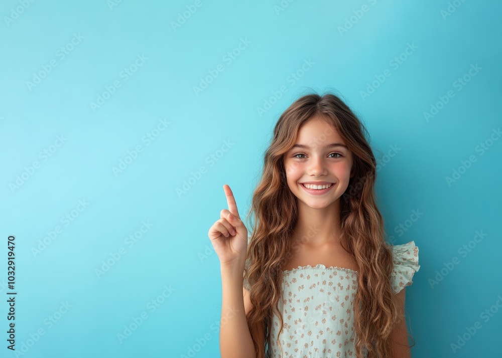 Smiling Girl Pointing Upwards Against a Blue Background Smiling Girl Pointing Upwards Against a Blue Background