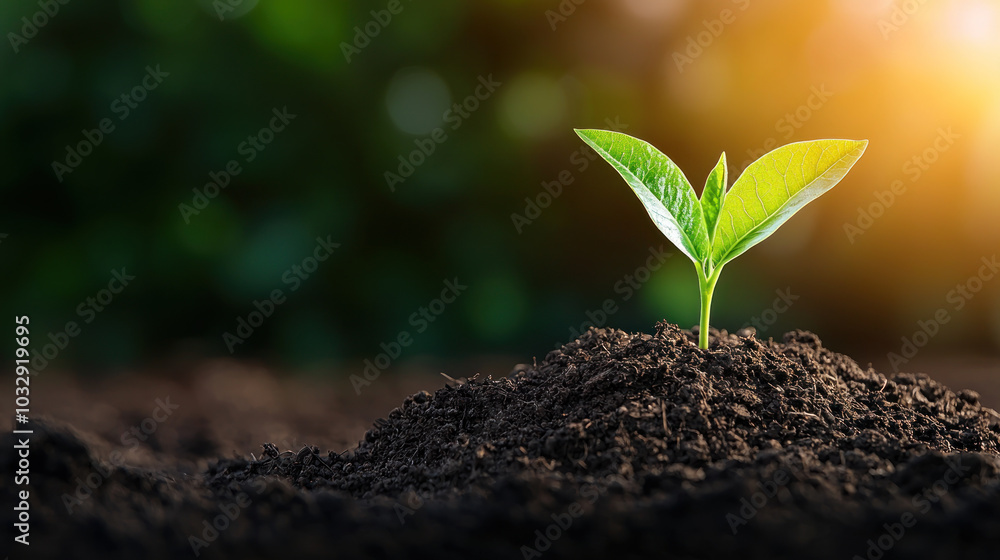 Fototapeta premium young green plant emerges from rich soil, symbolizing growth and sustainability in vibrant, eco friendly environment. sunlight enhances scene, evoking sense of hope and renewal.