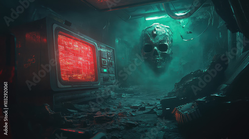 Fototapeta Naklejka Na Ścianę i Meble -  Scary futuristic ghost with a ghostly, cybernetic form and eerie electronic glow, haunting a dark, abandoned space station with floating debris and an unsettling feel.